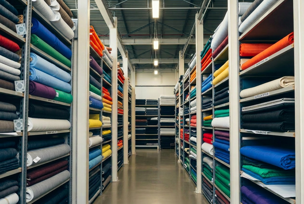 Stoffgroßhandelslager mit Rollen in Regalen